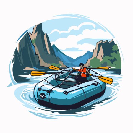Ilustración de Rafting en las montañas. Ilustración vectorial en estilo de dibujos animados. - Imagen libre de derechos