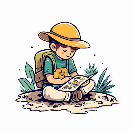 Cute boy with backpack and map. Vector hand drawn illustration.