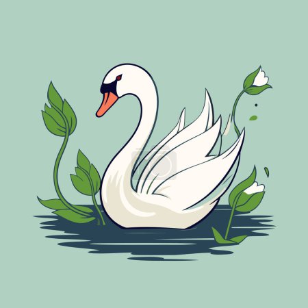 Téléchargez les illustrations : Illustration vectorielle d'un cygne blanc sur fond vert avec des feuilles - en licence libre de droit