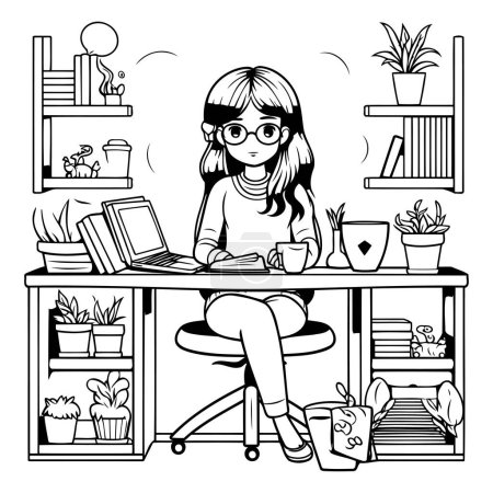 Téléchargez les illustrations : Adolescente avec des lunettes assis au bureau et travaillant sur un ordinateur portable - en licence libre de droit