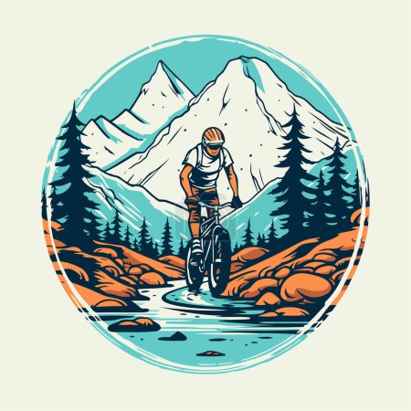 Illustration for Mountain biker standing on the bank of a mountain river. vector illustration - Royalty Free Image