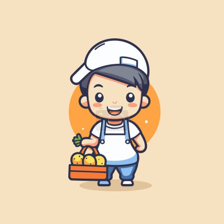 Illustration for Cute boy holding box of fresh fruits and vegetables. Vector illustration. - Royalty Free Image