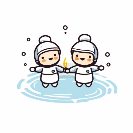 Téléchargez les illustrations : Mignon dessin animé garçon et fille jouant dans l'eau. Illustration vectorielle. - en licence libre de droit