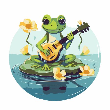 Rana tocando la guitarra en un estanque con flores. Ilustración vectorial.