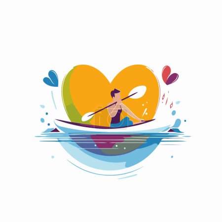 Illustration for Man in a kayak with a heart in the water. Vector illustration. - Royalty Free Image