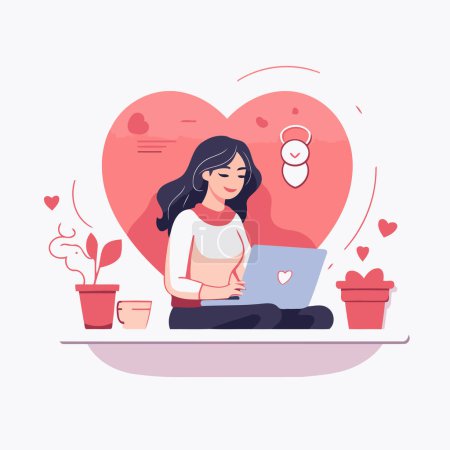 Illustration for Flat vector illustration. Young woman sitting on the floor with a laptop in the form of a heart. - Royalty Free Image