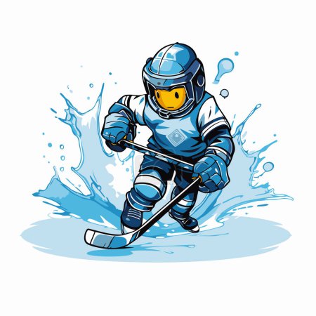 Illustration for Ice hockey player with the stick and puck on ice. Vector illustration. - Royalty Free Image