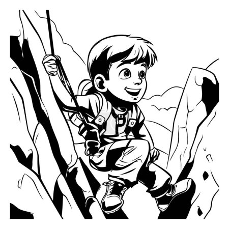 Illustration for Boy climbing on the rocks. Black and White Cartoon Illustration. - Royalty Free Image