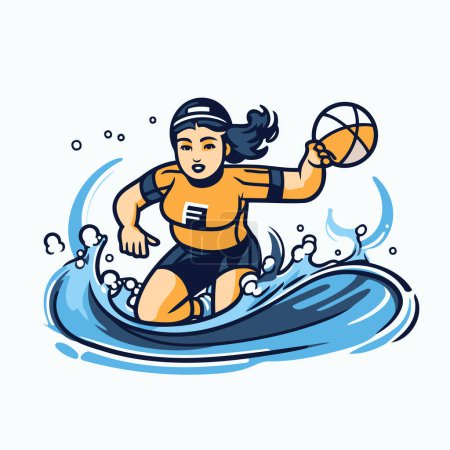 Illustration for Water polo player with ball on the wave. Vector illustration. - Royalty Free Image