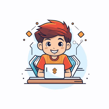 Illustration for Vector illustration of a boy working on laptop. Flat style design. - Royalty Free Image