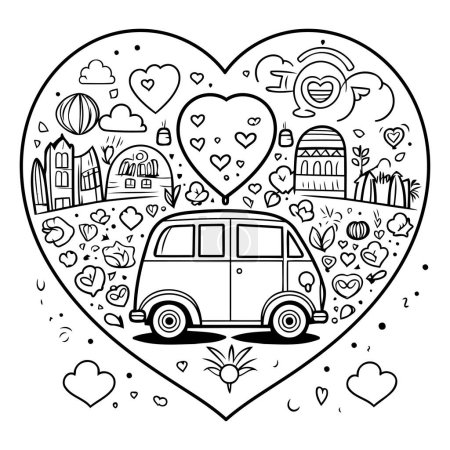 Ilustración de Dibujado a mano doodle vector ilustración de un coche retro en el corazón. - Imagen libre de derechos