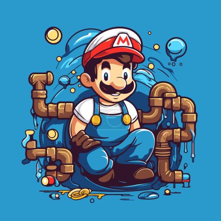 Plumber is sitting on the pipe of the water. Vector illustration