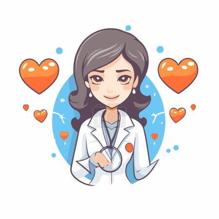 Téléchargez les illustrations : Médecin féminin avec stéthoscope et cœur autour. Illustration vectorielle. - en licence libre de droit