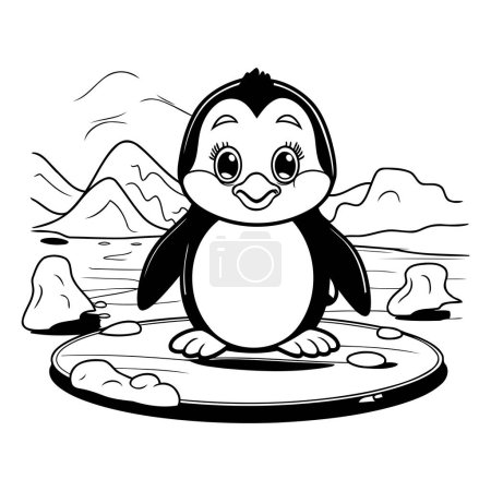 Téléchargez les illustrations : Illustration de dessin animé noir et blanc du personnage animal mignon de pingouin pour le livre de coloriage - en licence libre de droit
