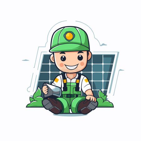 Illustration for Cartoon worker sitting on solar panel. Green energy concept. Vector illustration. - Royalty Free Image