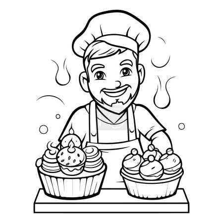 Téléchargez les illustrations : Dessin animé noir et blanc Illustration du personnage de chef masculin heureux avec des cupcakes pour livre à colorier - en licence libre de droit