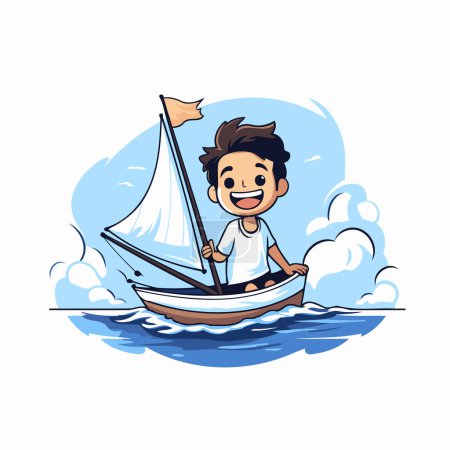 Téléchargez les illustrations : Dessin animé avec voilier sur la mer. Illustration vectorielle. - en licence libre de droit