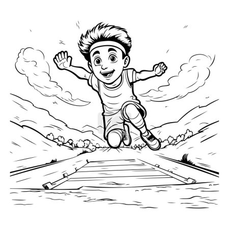 Téléchargez les illustrations : Image de bande dessinée d'un garçon sautant par-dessus un trou dans le pont. - en licence libre de droit