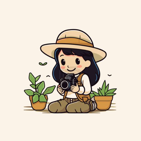Illustration for Cute girl with camera and plant. Vector flat cartoon illustration. - Royalty Free Image