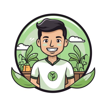 Illustration for Vector illustration of a young man in a green field with plants. - Royalty Free Image