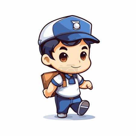 Illustration for Vector illustration of a boy in police uniform running with a bag. - Royalty Free Image