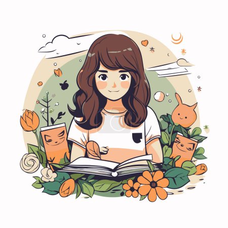 Ilustración de Linda chica leyendo un libro. Ilustración vectorial en estilo de dibujos animados. - Imagen libre de derechos