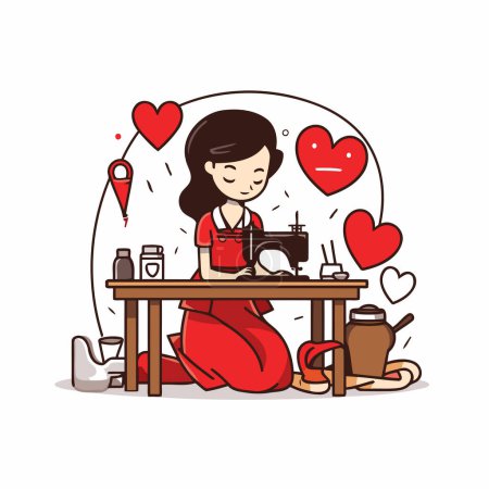 Illustration for Vector illustration of a seamstress sitting at the table and working with sewing machine - Royalty Free Image