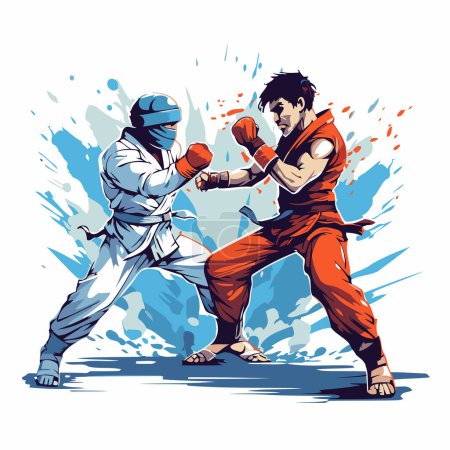 Téléchargez les illustrations : Arts martiaux. Deux hommes en tenue de sport se battant. Illustration vectorielle. - en licence libre de droit
