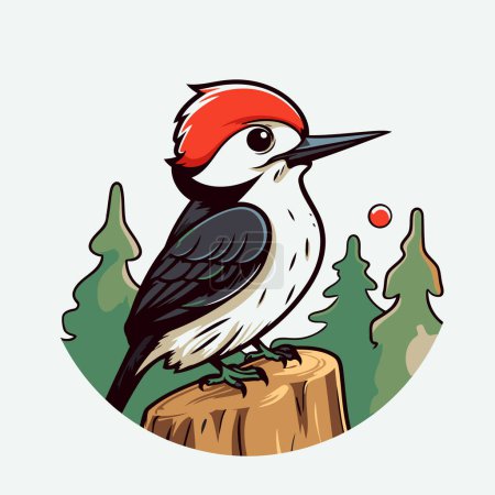Illustration for Woodpecker in a red cap on a stump. Vector illustration. - Royalty Free Image