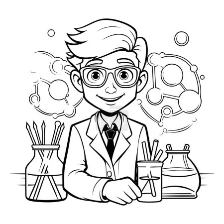 Téléchargez les illustrations : Illustration de dessin animé noir et blanc d'un chimiste ou d'un scientifique pour un livre à colorier - en licence libre de droit