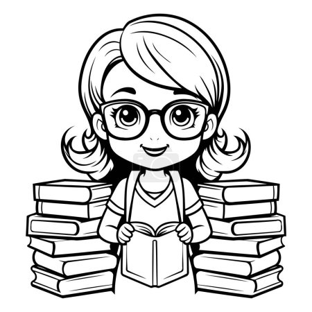 Illustration for Girl Student Reading Book - Black and White Cartoon Illustration. Vector - Royalty Free Image