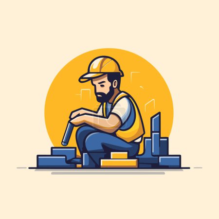 Illustration for Construction worker. Vector illustration in a flat style on a yellow background. - Royalty Free Image
