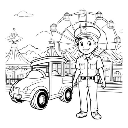 Téléchargez les illustrations : Dessin animé noir et blanc Illustration d'un policier ou d'un policier au parc d'attractions - en licence libre de droit