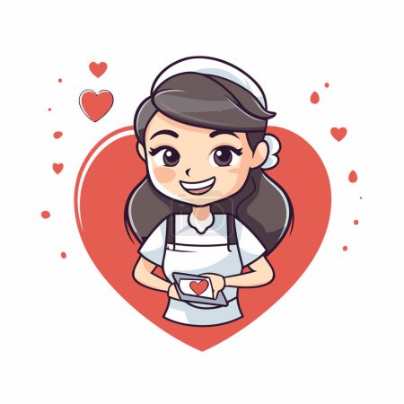 Illustration for Cute girl chef cartoon with heart. Vector illustration in flat style - Royalty Free Image