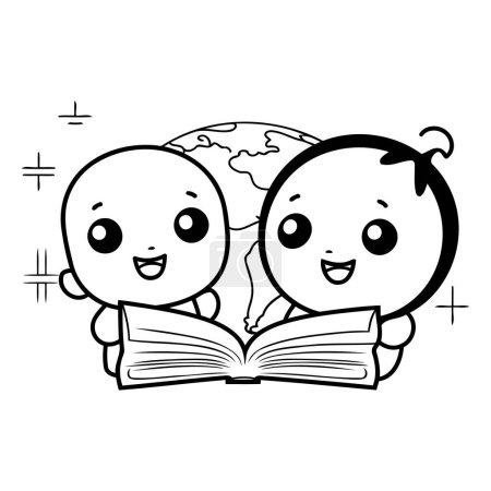Téléchargez les illustrations : Illustration vectorielle de livre de lecture de bande dessinée en noir et blanc couple d'enfants - en licence libre de droit