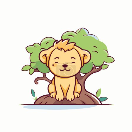 Ilustración de Lindo león sentado en un árbol. Ilustración vectorial en estilo de dibujos animados. - Imagen libre de derechos