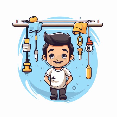 Illustration for Cute little boy with plumber tools. Vector cartoon illustration. - Royalty Free Image