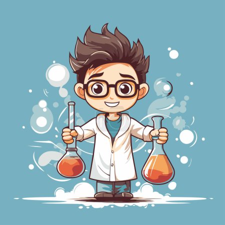 Illustration for Scientist boy cartoon character holding test tube with chemicals. Vector illustration. - Royalty Free Image