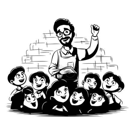 Illustration for Black and white illustration of a teacher with a group of children. - Royalty Free Image
