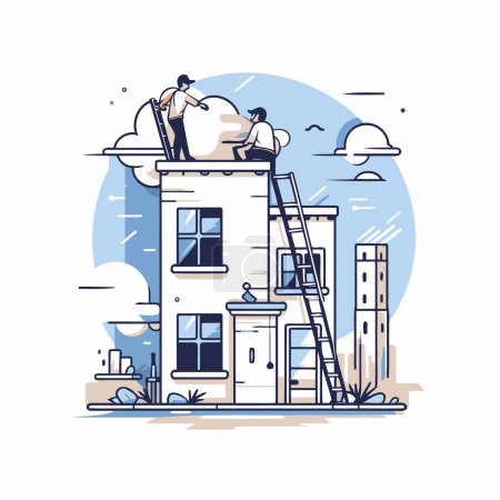 Ilustración de Ilustración vectorial de un hombre con una escalera de pie en la parte superior de un edificio - Imagen libre de derechos
