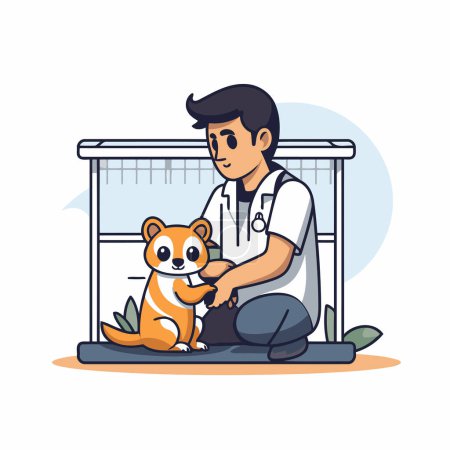 Téléchargez les illustrations : Vétérinaire avec un chien en cage. Illustration vectorielle. - en licence libre de droit