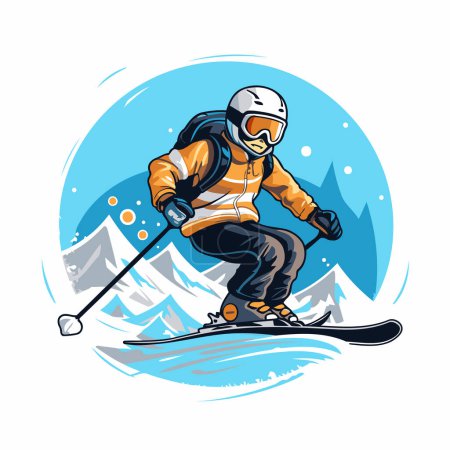 Téléchargez les illustrations : Illustration vectorielle d'un skieur skiant en montagne. Sport d'hiver. - en licence libre de droit