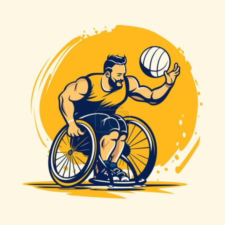 Illustration for Handicapped man in a wheelchair playing volleyball. Vector illustration. - Royalty Free Image