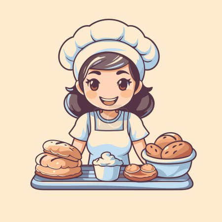 Cute little girl baking buns. Vector illustration in cartoon style.