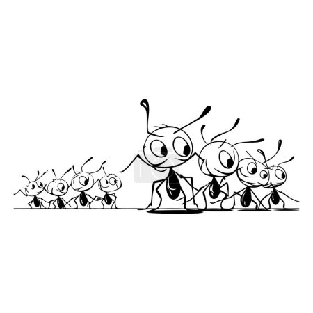 Téléchargez les illustrations : Famille des fourmis. Illustration vectorielle noir et blanc isolée sur fond blanc. - en licence libre de droit