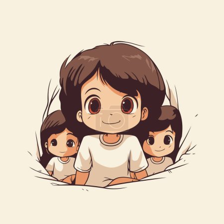 Téléchargez les illustrations : Mignonne petite fille avec sa famille dans le lit. illustration vectorielle - en licence libre de droit