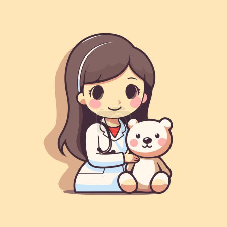 Téléchargez les illustrations : Illustration d'une jolie petite fille jouant au docteur avec un ours en peluche - en licence libre de droit