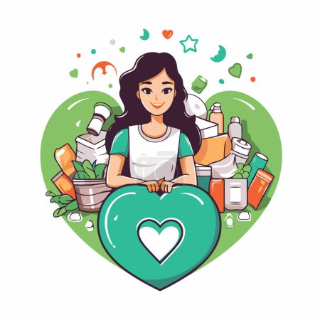 Illustration for Vector illustration of a girl holding a heart with cosmetics and care products. - Royalty Free Image