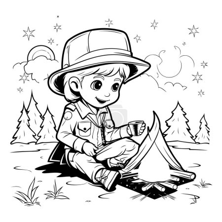 Ilustración de Boy scout sentado junto a la fogata. ilustración vectorial en blanco y negro - Imagen libre de derechos