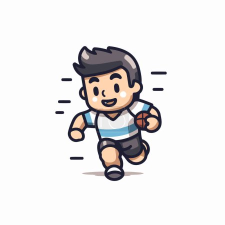 Téléchargez les illustrations : Joli garçon qui court et joue au rugby. Illustration vectorielle de personnage de dessin animé. - en licence libre de droit